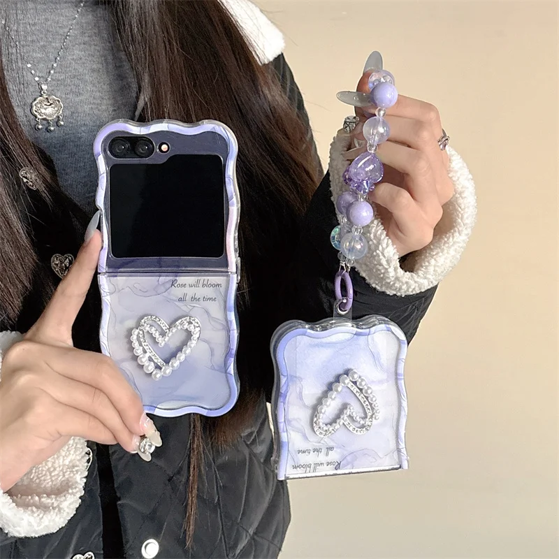 For Samsung ZFlip5 Cute Love bracelet case for Samsung Galaxy ZFlip5 4 3 6 Flip6 Wrist chain wavy transparent kawayii cover