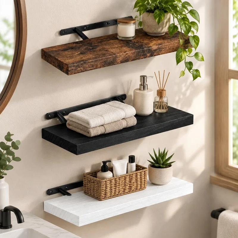Durable Floating Wall Shelf with Concealed Supports, Multi-Room Storage Solution for Kitchen, Bathroom, Nursery, and Living
