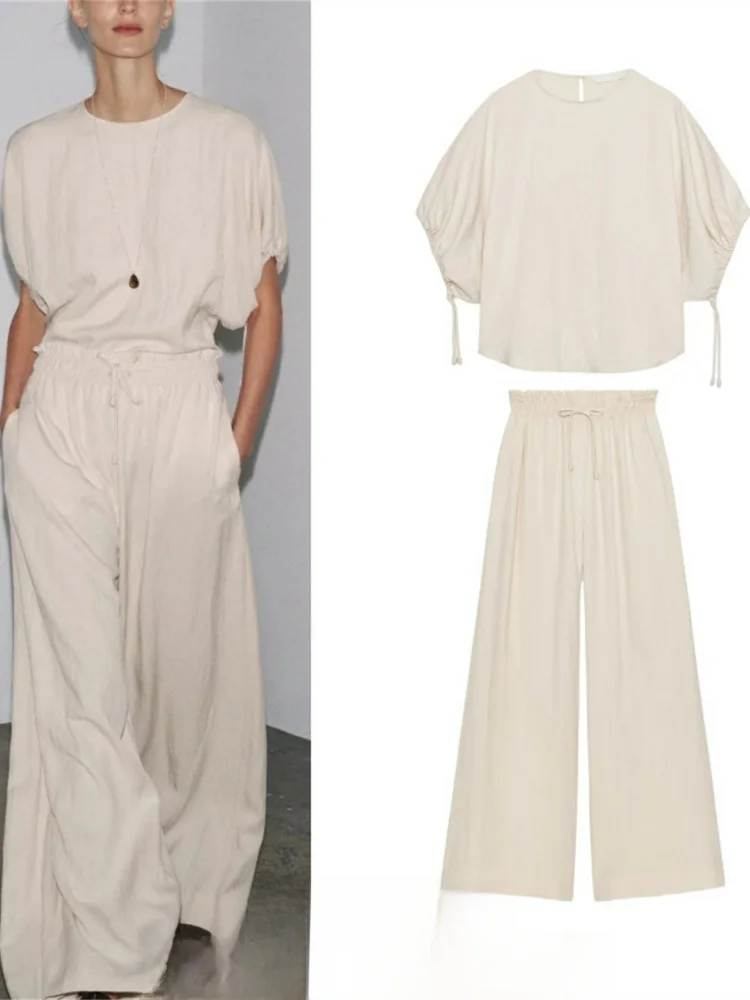 

New Autumn Women's Bubble Sve round Ne irt Loose Spwear Sle mid Waist Long Pants Casual Faion Set for Adults