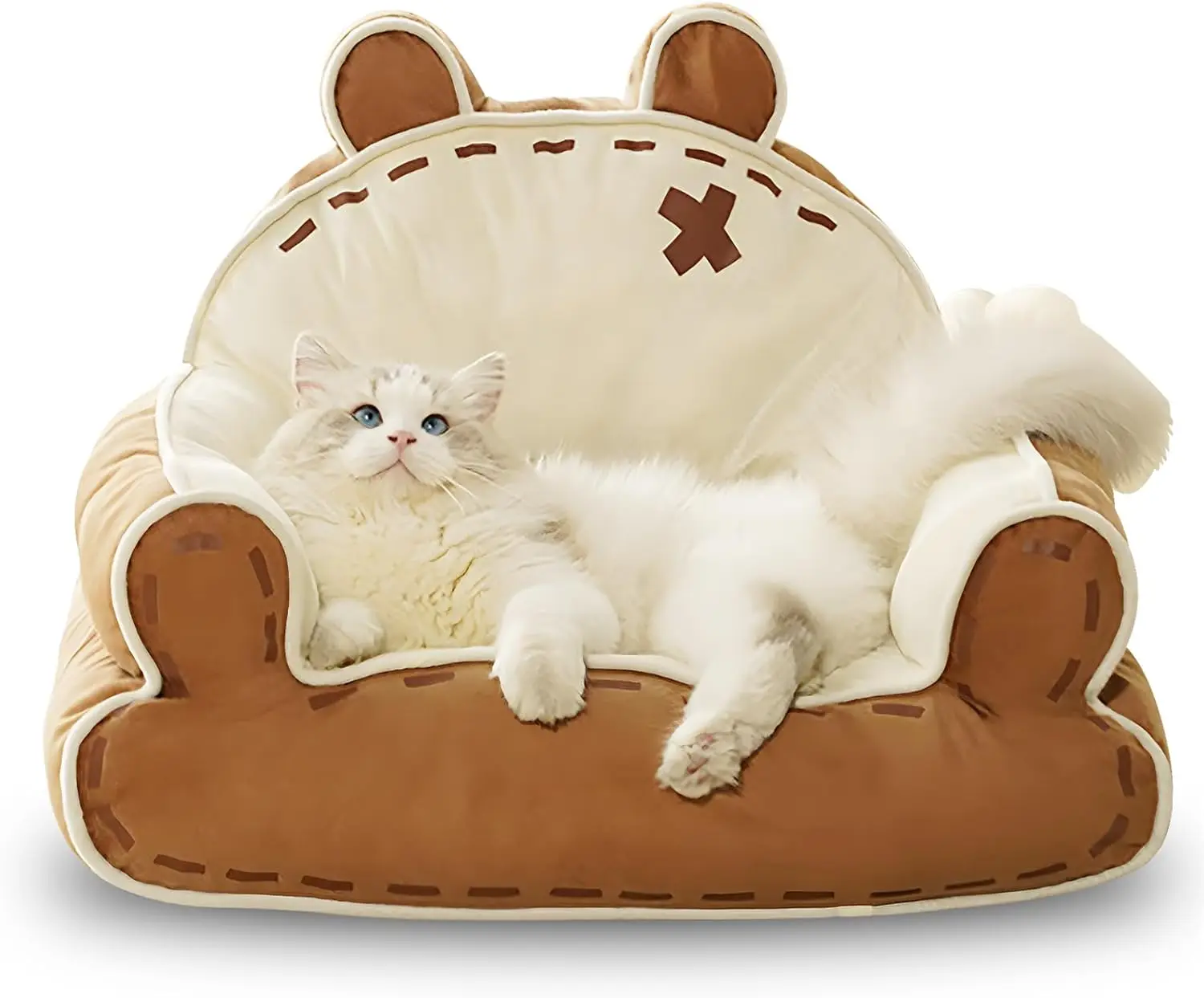 Cat Couch Bed with Bear Ear, Fluffy Pet Sofa for Cats Up to 20 lbs, Non-Slip Bottom, 25'