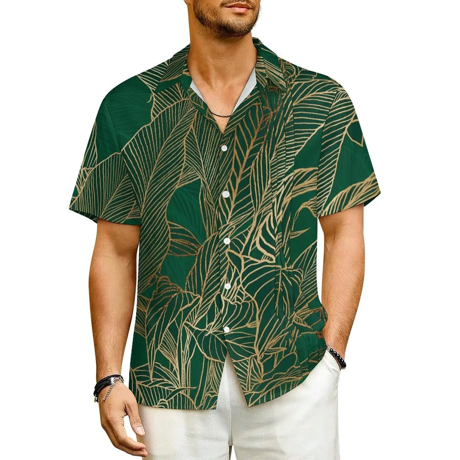 

Summer Shirt Beach Plants Design Blouses Green Gold Leaves Elegant Casual Shirts Men Short Sleeve Street Plus Size 4XL Clothing