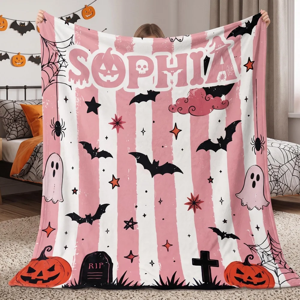 Personalized Custom Name Throw Blanket Flannel Fleece Blanket Halloween Castle Pumpkin Ghost Bat Print Soft Warm Holiday Gift