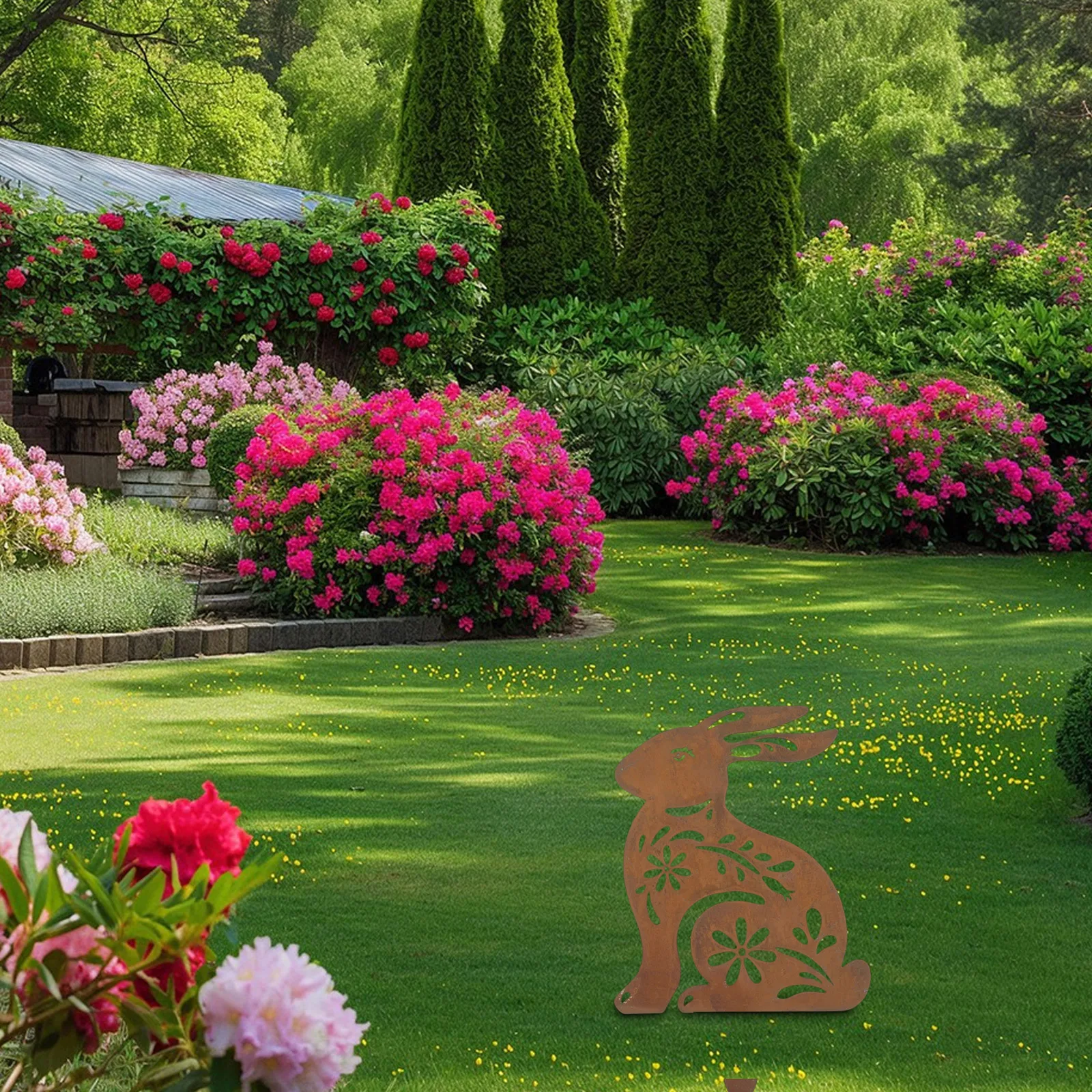 

Удобный на открытом воздухе силуэт кролика утюга. Элегантное дополнение к любоему двор или цветочную клумбу. Годный круглый год.