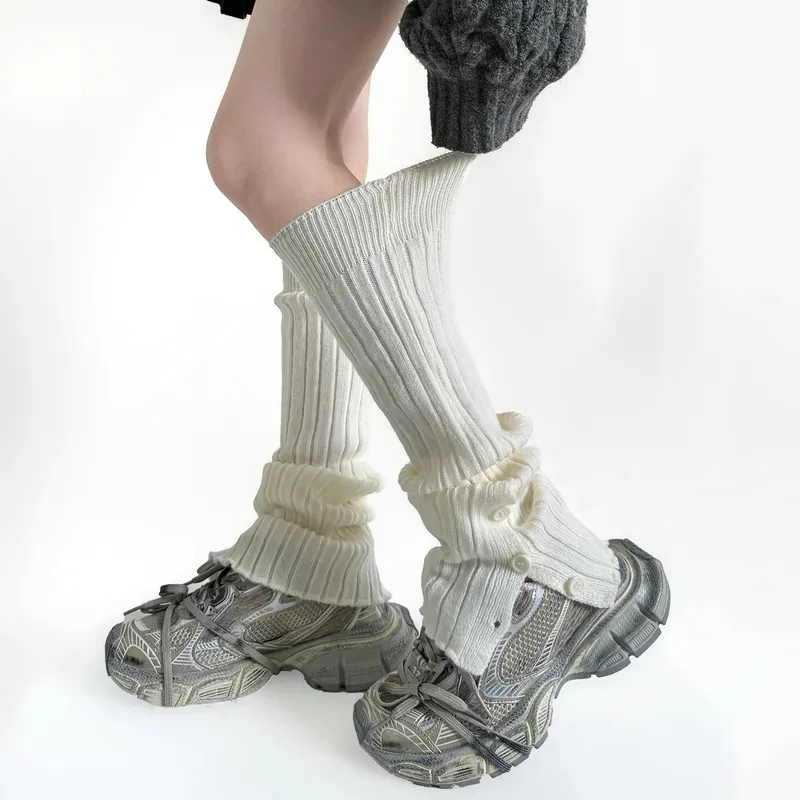 Lolita Leg Warmers Autumn Winter Knitted Warm Foot Cover Y2k Girls Button Loose Long Socks Stockings Women Leg Warmer Knee Socks