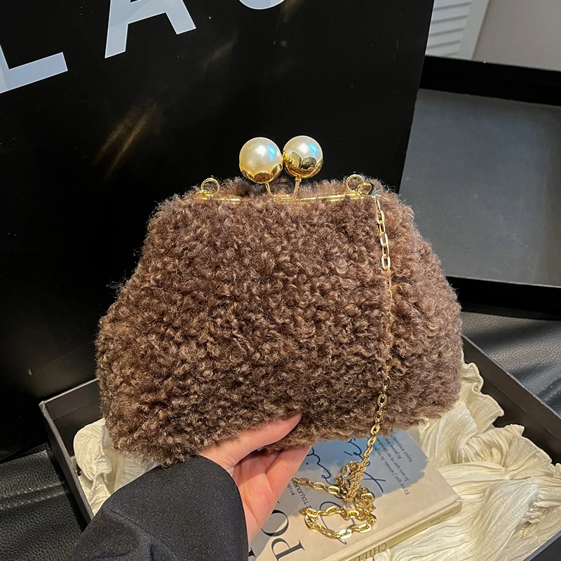 

Small Crossbody Bags For Women Designer Bag Luxury Chain Shoulder Purse Cute Clip Lipstick Bag Lady Fluffy Lamb Woolen Handbag