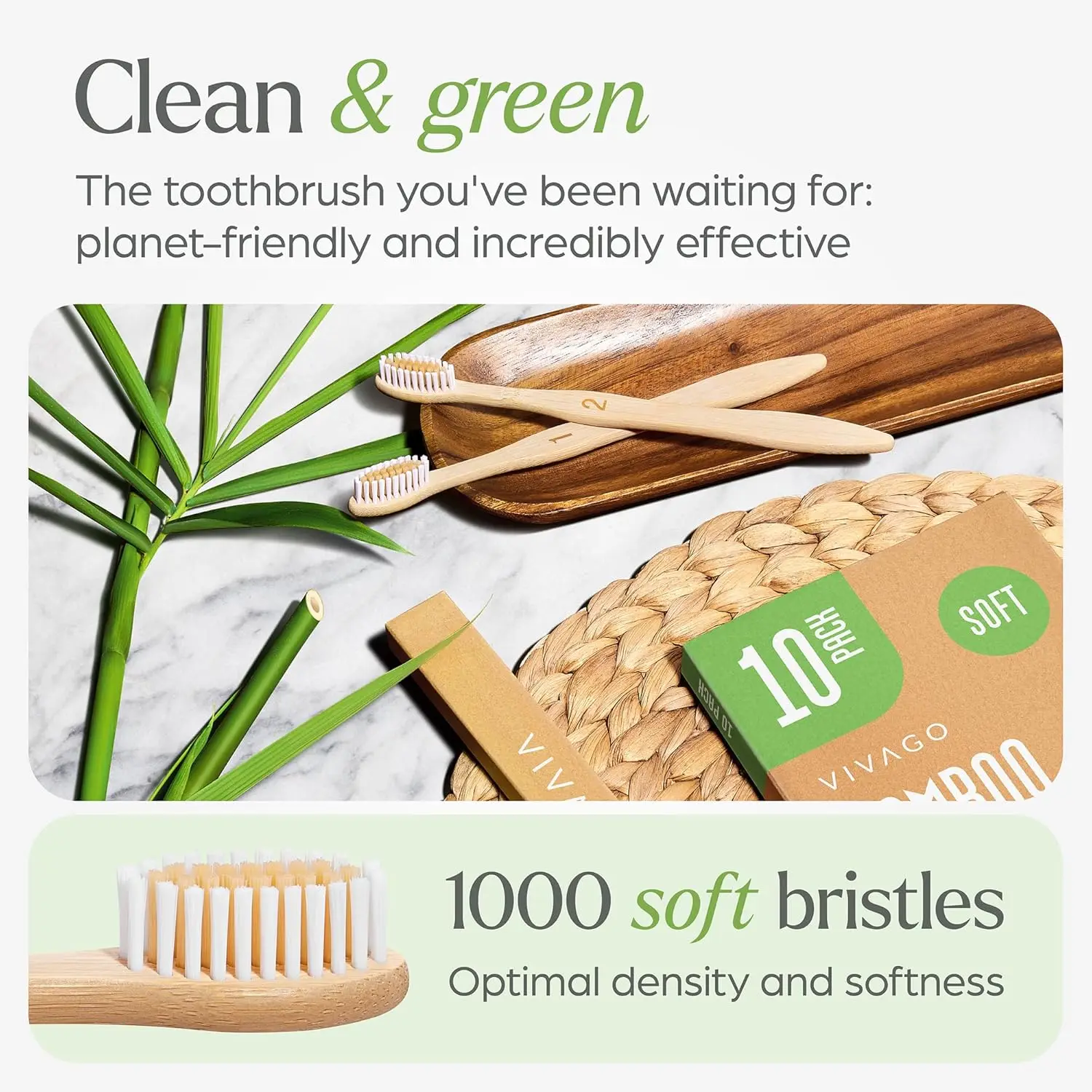 Biodegradable bamboo toothbrush 10 packs, environmentally friendly, compostable natural wooden toothbrush