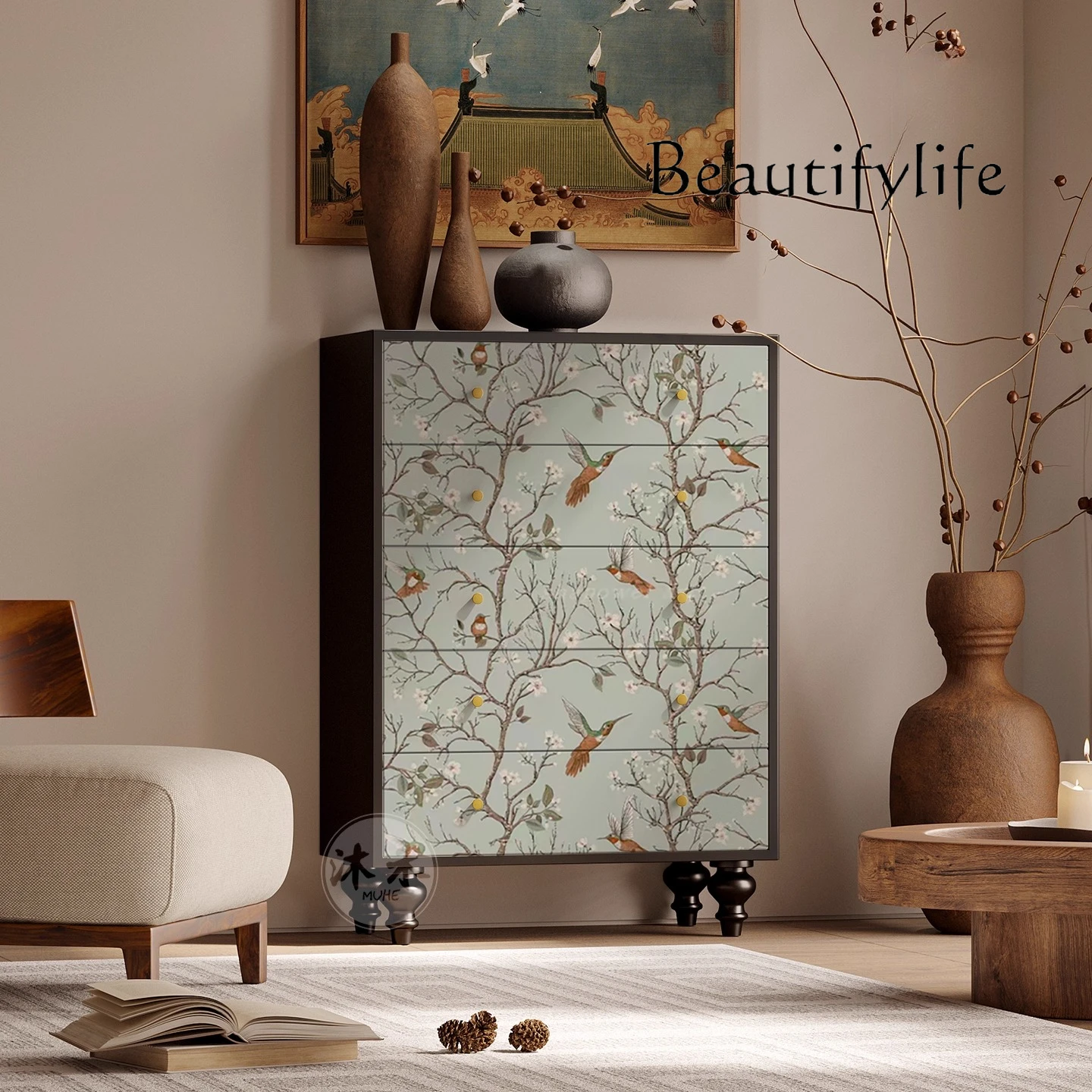 

French medieval flower and bird solid wood chest, living room against the wall multi-functional locker, drawer cabinet, painted