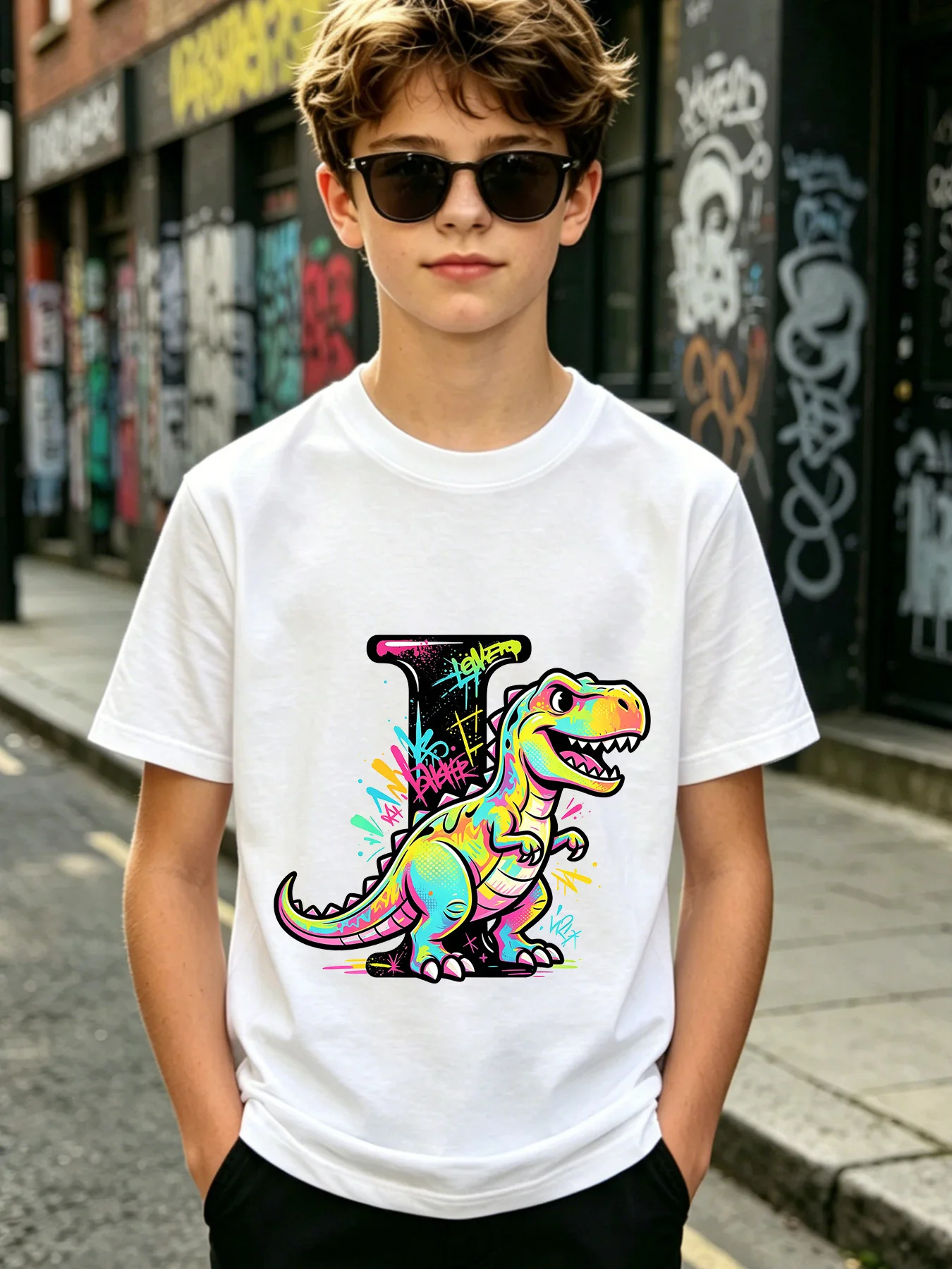 Vibrant Tie Dye Dinosaur Letter I Graffiti Kids Tees Hip Hop Short Sleeve Casual Tops For Boy Girls Teenagers Street Summer Wear
