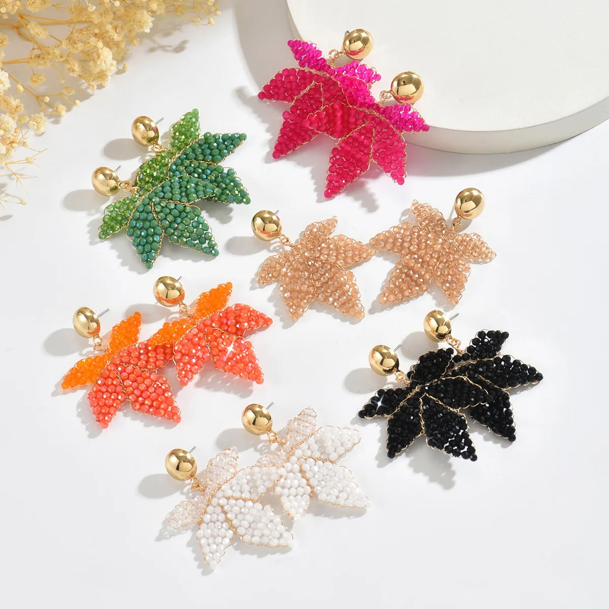 ZGMXR Rice bead earrings Crystal Maple leaf Gradient color Hand-woven Alloy Original Bohemia Fashion Simple Beaded earrings