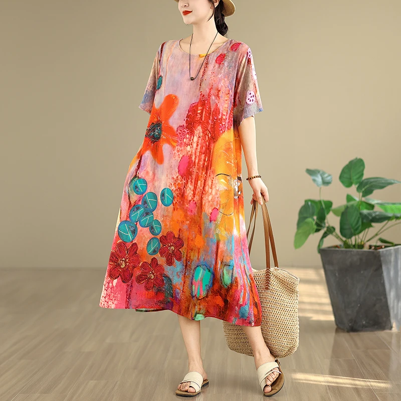 

Новинка лета, свободный утягивающий принт средней длины, женский плюс размер, мягкая ткань, хлопок, шелк, повседневный свободный крой Dr