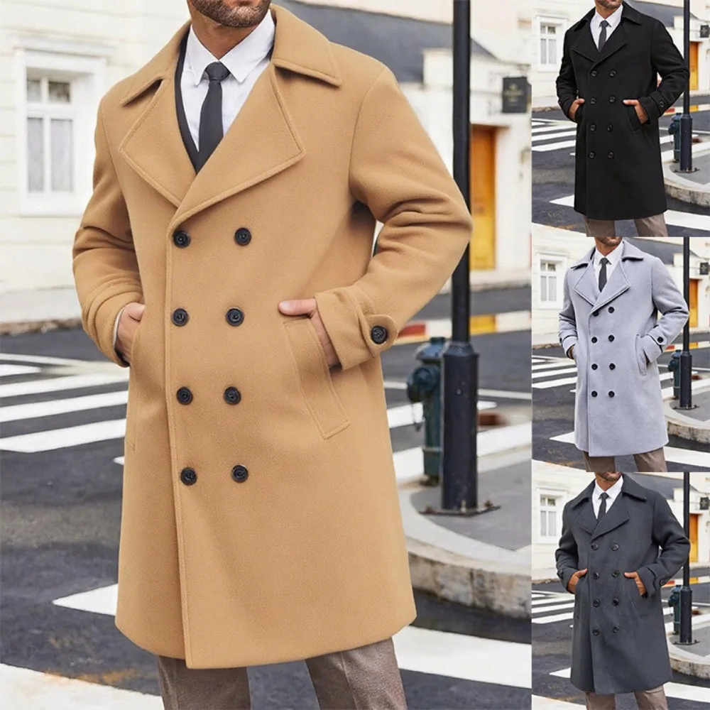 

Men's Double-Breasted Wool Blend Overcoat, Mid-Length Trench Coat for Fall Winter, Classic Business Casual Outerwear