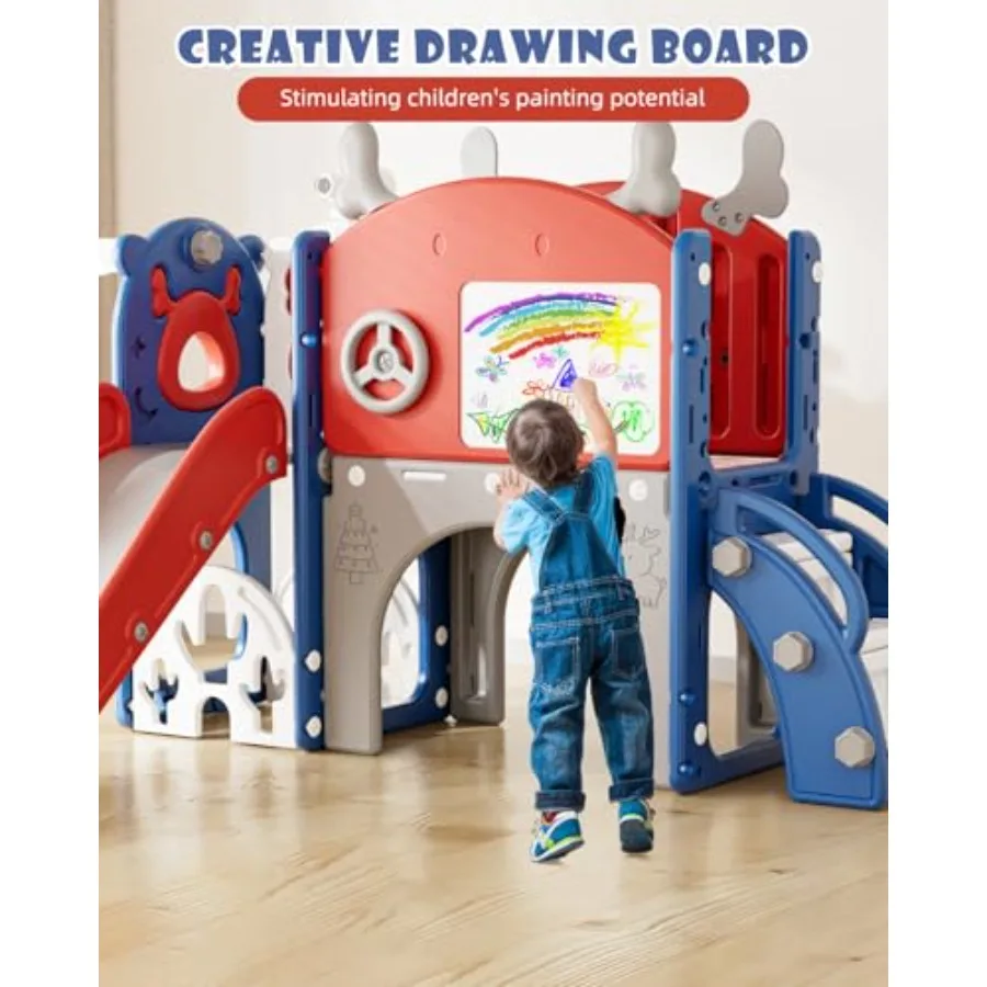 สไลเดอร์ 12 in 1 สำหรับเด็กเล็ก ชุดของเล่นในร่มและกลางแจ้ง พร้อมกระดานวาดภาพ สนามกอล์ฟ ที่ปีนป่าย ห่วงบาสเก็ตบอล และพื้นที่เก็บของ สีน้ำเงินแดง