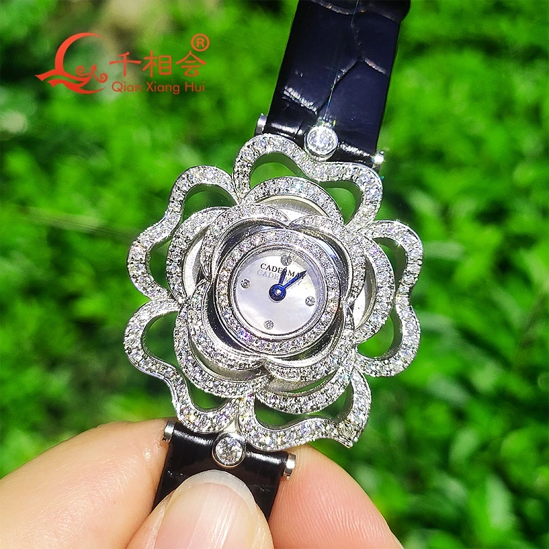 automatic movement 34mm flower white Moissanite pearl Luxury Watch For women mechanical Wristwatch Jewelry Watch