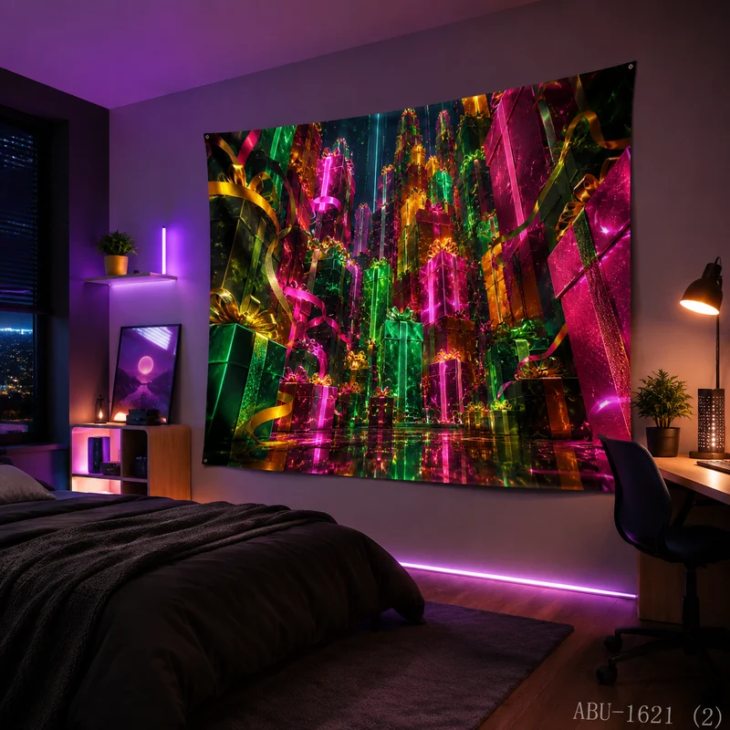 VIKAMA Neon Giant Gift Box City Flowing Light Cyber Christmas Tapestry Background Hanging Cloth Living Room Room Decoration
