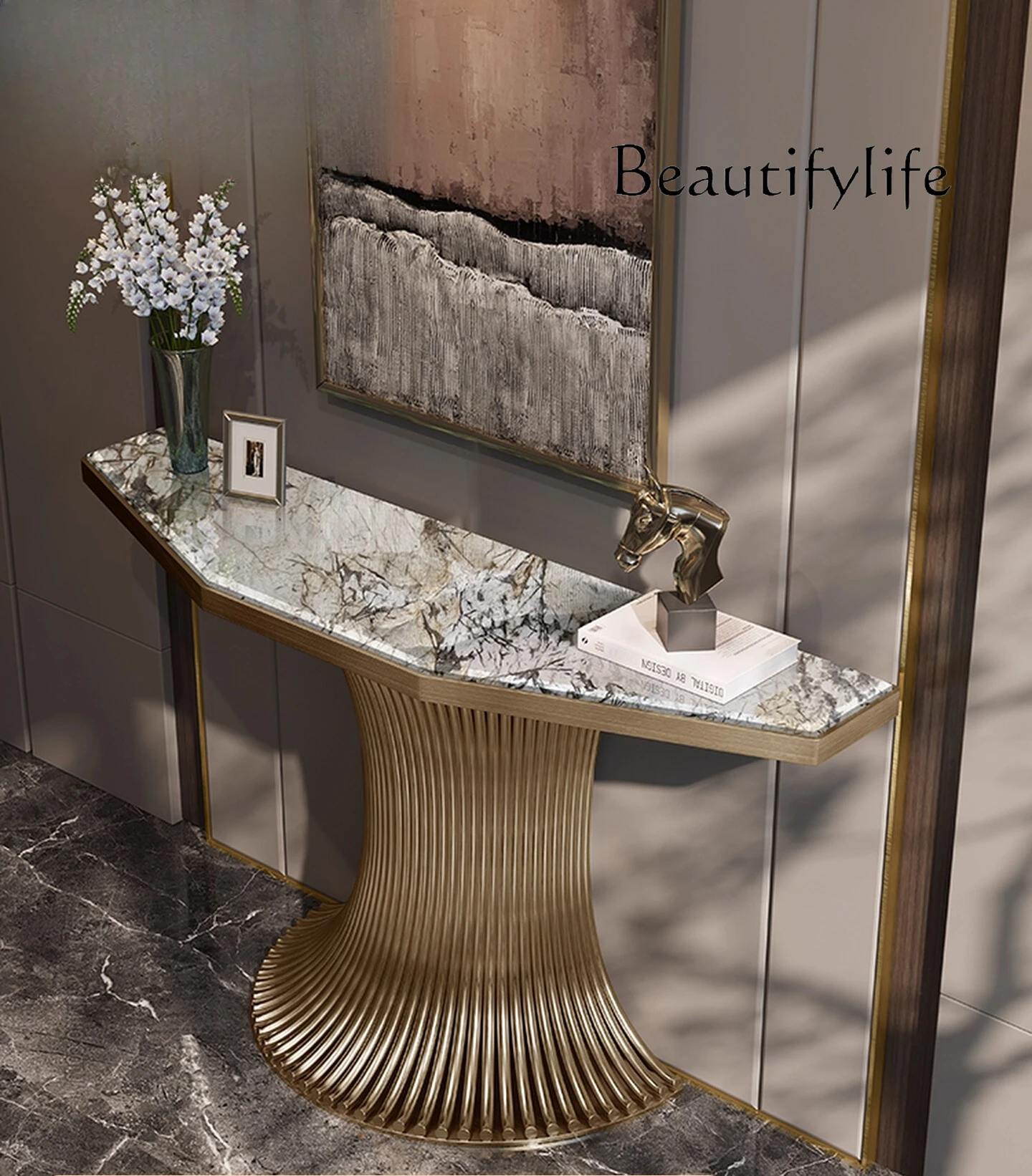 

Italian simple luxury natural marble household cabinet enters the door against the wall, high-end atmospheric simple entrance ta