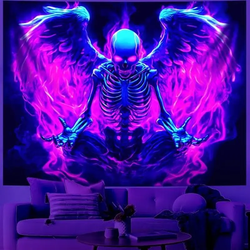 VIKAMA Fluorescent Wings Skeleton Devil Tapestry, Psychedelic Neon Gothic Wall Hanging, Aesthetic Dorm Esports Room Decor
