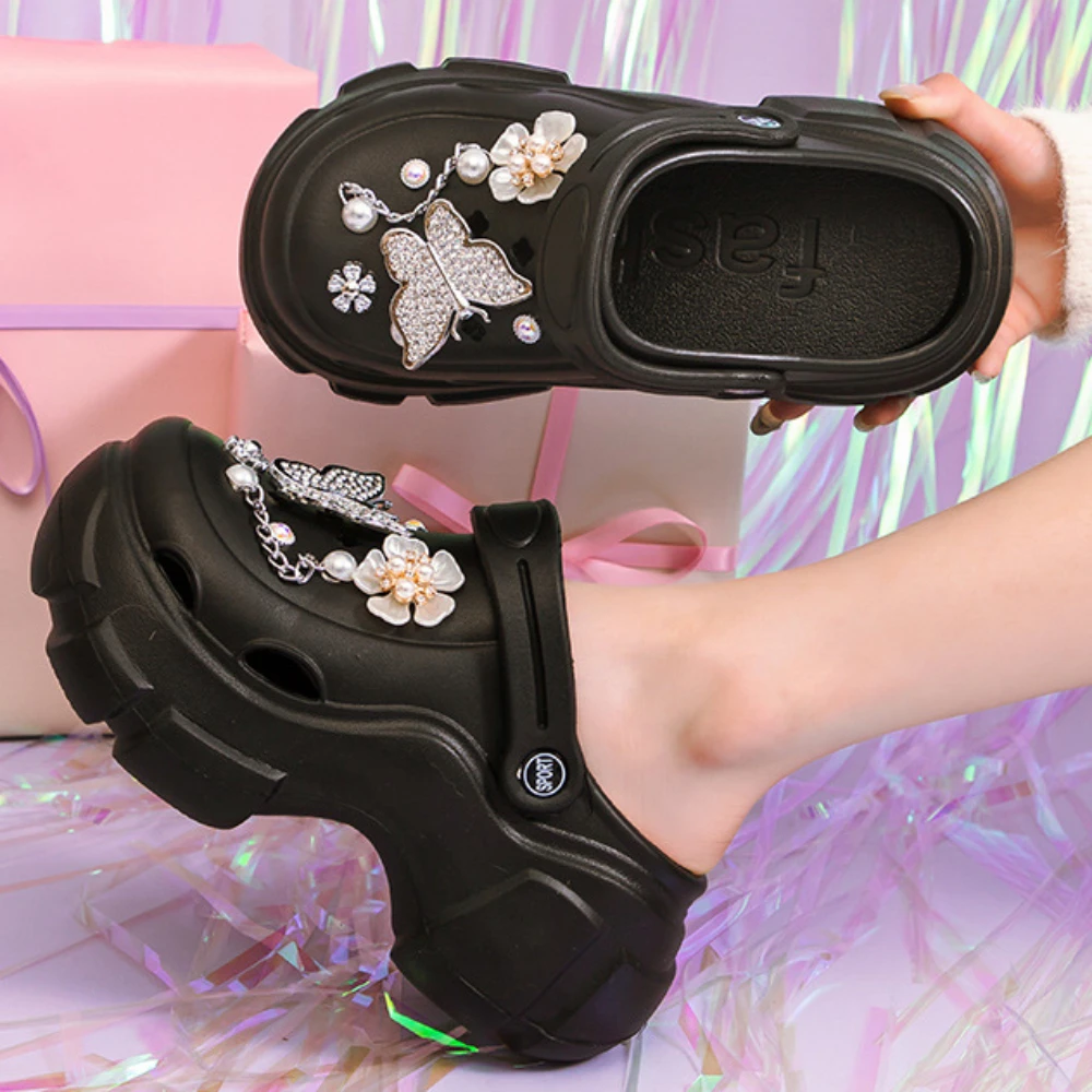 Bling Pearls Diamond Flower Decor zoccoli ventilati scivoli 7CM Platfrom sandali Summer Outdoor Beach Girls pantofole scarpe da donna