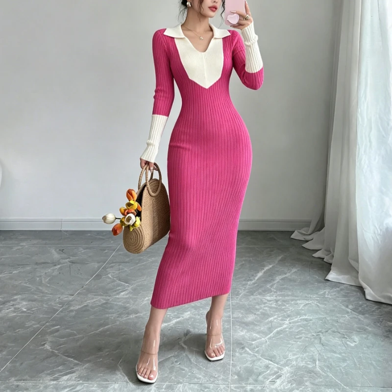 Damen Maxi-Kleid mit Block-Polokragen, elastischem Rippstrick, langen Ärmeln, figurbetontem Pullover-Look, schlankes, elegantes Party-Outfit – Detail 3