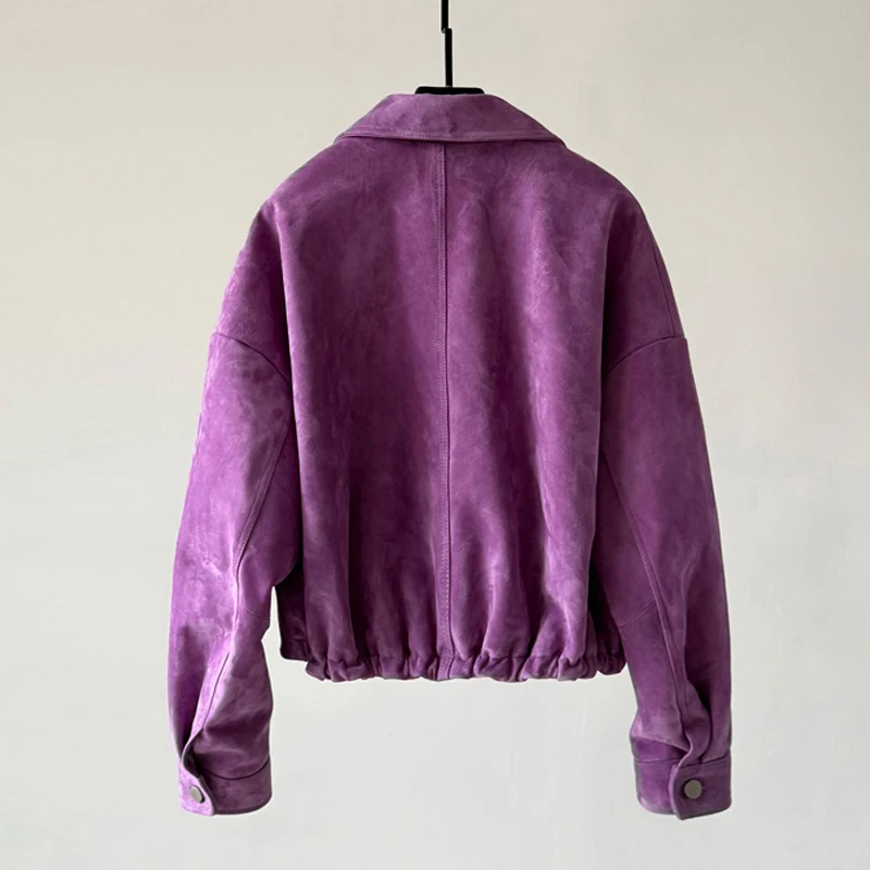 Giacca in vera pelle da donna in pelle di capra importata 2025 Autunno Viola Colletto corto con risvolto Cappotti casual in pelle scamosciata per bambini allentati femminili
