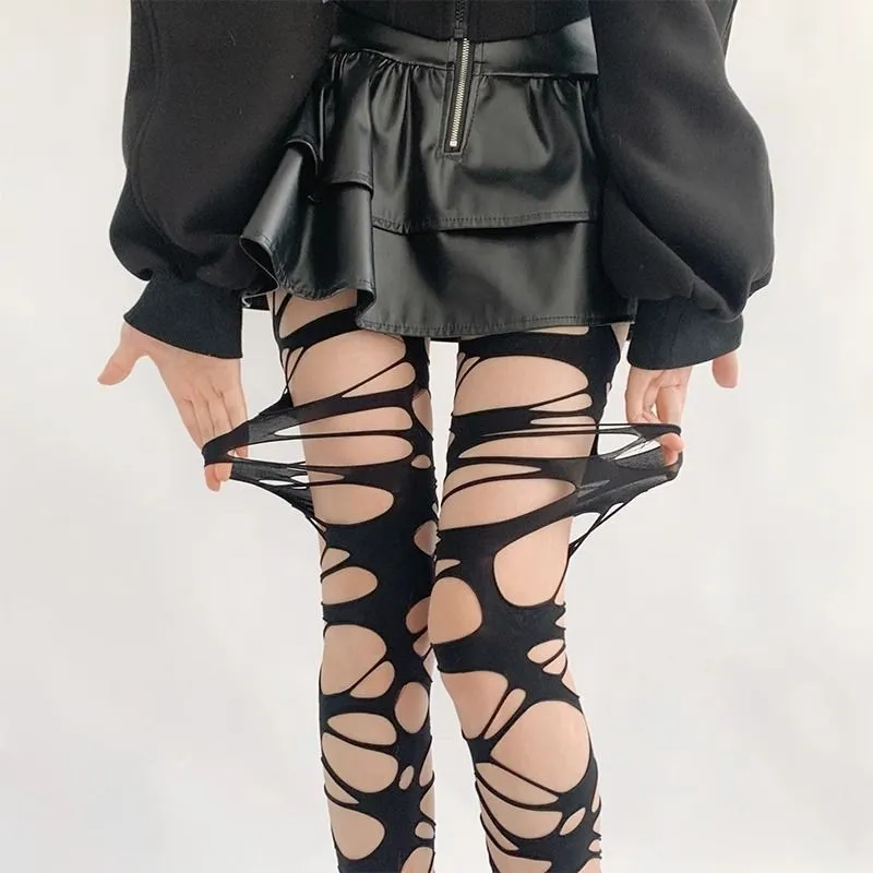 Lange buistrend onregelmatige Goth Punk Le Meat Babes subcultuur zwarte gescheurde kousen legging mesh sokken