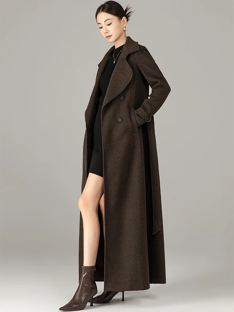 New Women Herringbone Woolen Coat Autumn Fashion Turn-down Collar Double Breasted Slim Long Coat Simplicity Wool Blended Coat