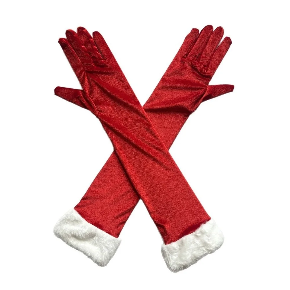 Fashion Christmas Gloves Elastic White Furry Cuff Velvet Long Gloves Photography Props Warm Etiquette Mittens Banquet