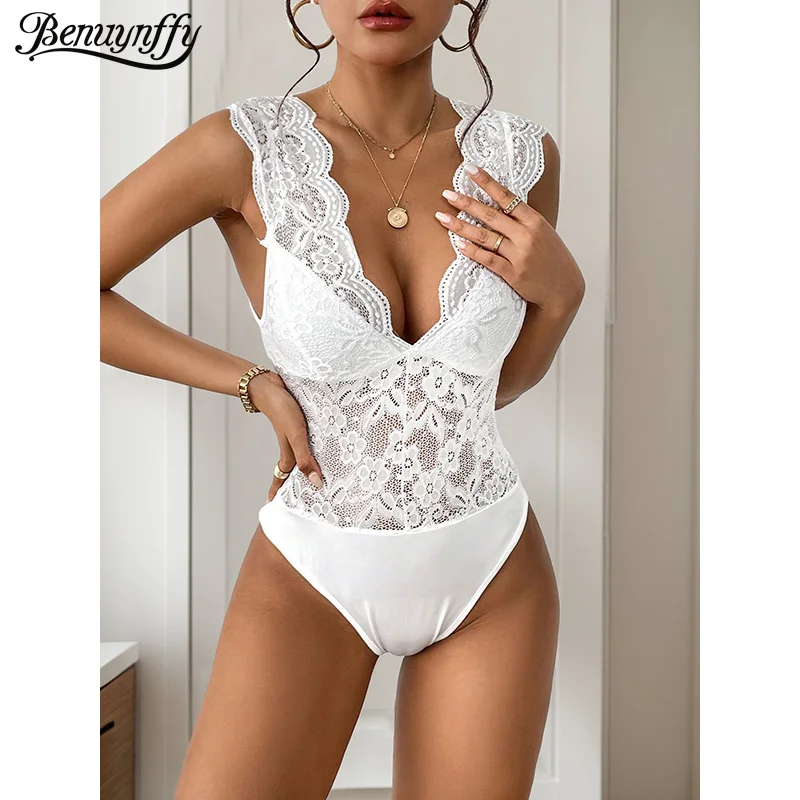 Benuynffy Scallop Trim Deep V-neck White Lace Bodysuit Women's Club Party Sleeveless Sexy One-pieces Lingerie Body Suits Female