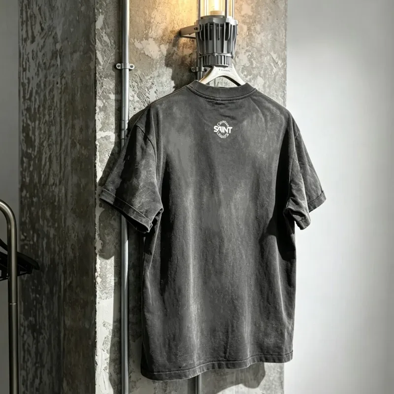 Crack Printed Badge Logo Washed Distressed Black Saint Tshirts Splashed Ink Round Neck Short Sleeve Men Women Vintage Streetwear