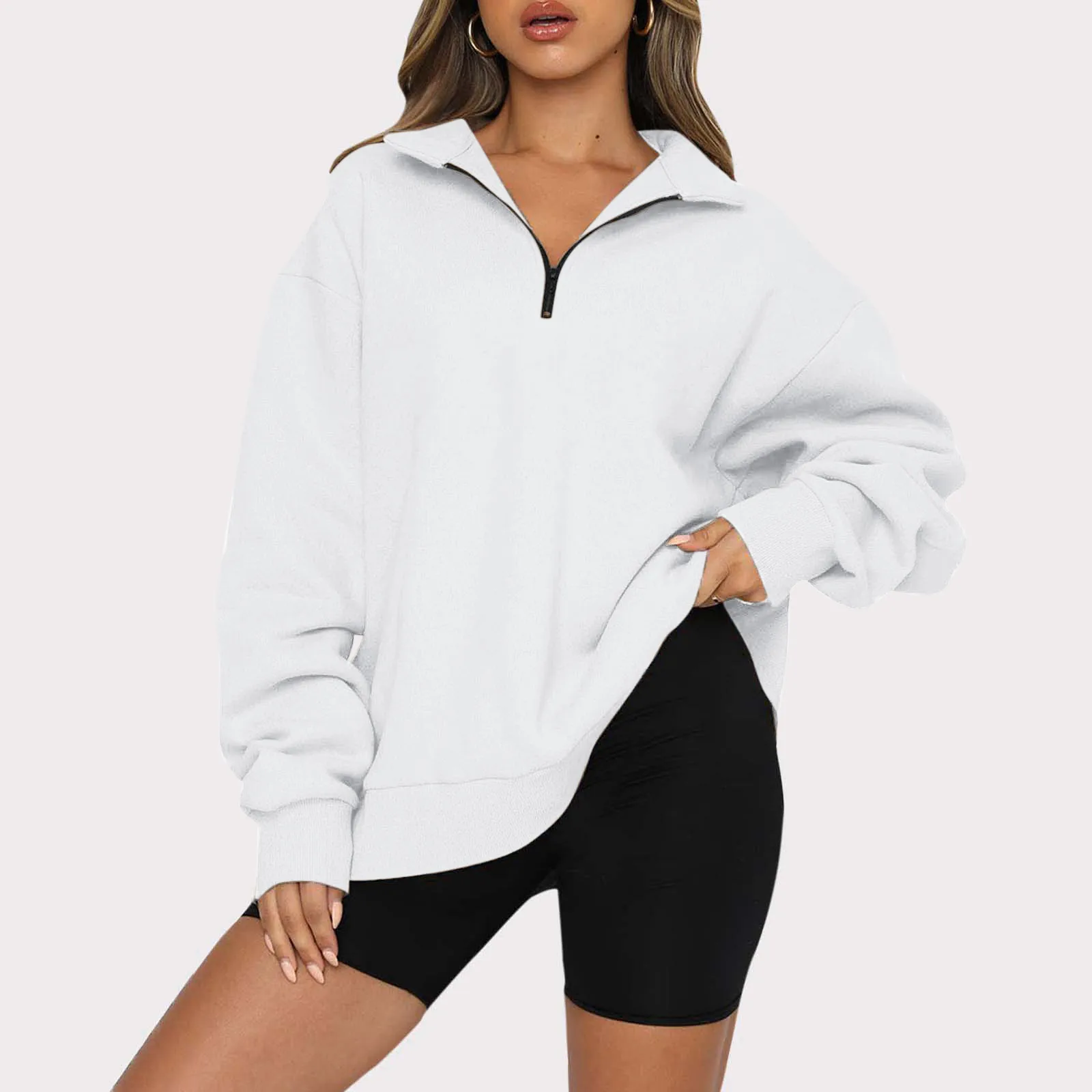 المتضخم طويلة الأكمام البلوز للنساء ، نصف البريدي البلوز ، Hoodie هوديي ، موضة ممارسة رياضية ، البلوفرات الأساسية ، 90s ، الأمريكية