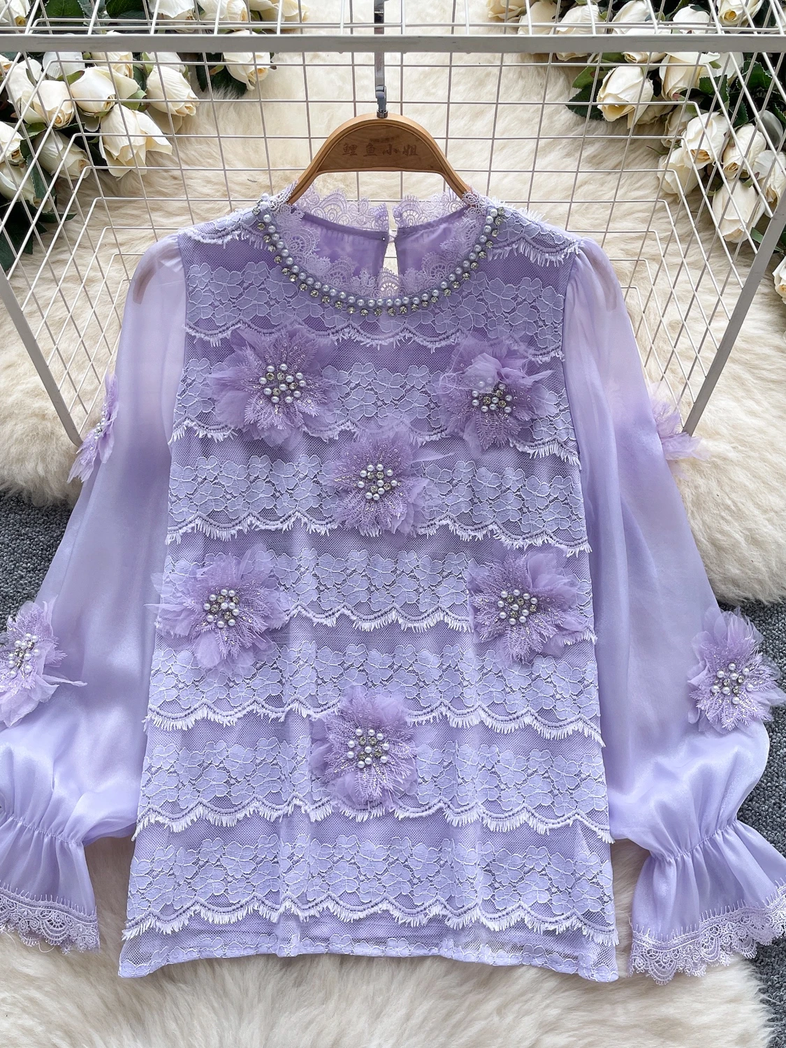 

2026 New Autumn Women French Style O-neck Flare Sleeve Shirt Bead Diamonds 3D Flower Lace Patchwork Solid Color Shirt Tops