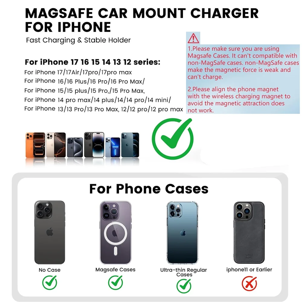Magnetic wireless car charger holder with LED light vent, compatible with all Qi-compatible phones including iPhone. view 5