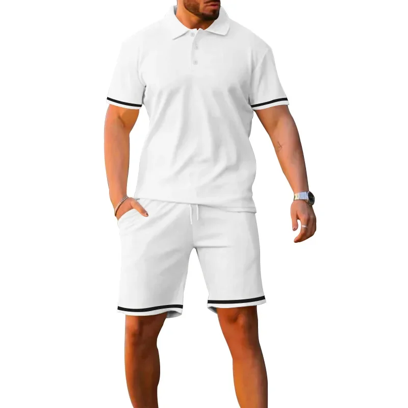 Conjunto de camisa polo e shorts de manga curta masculino, gola lapela, sólido traje de treino esportivo casual, novo, verão, 2 conjuntos, 2024