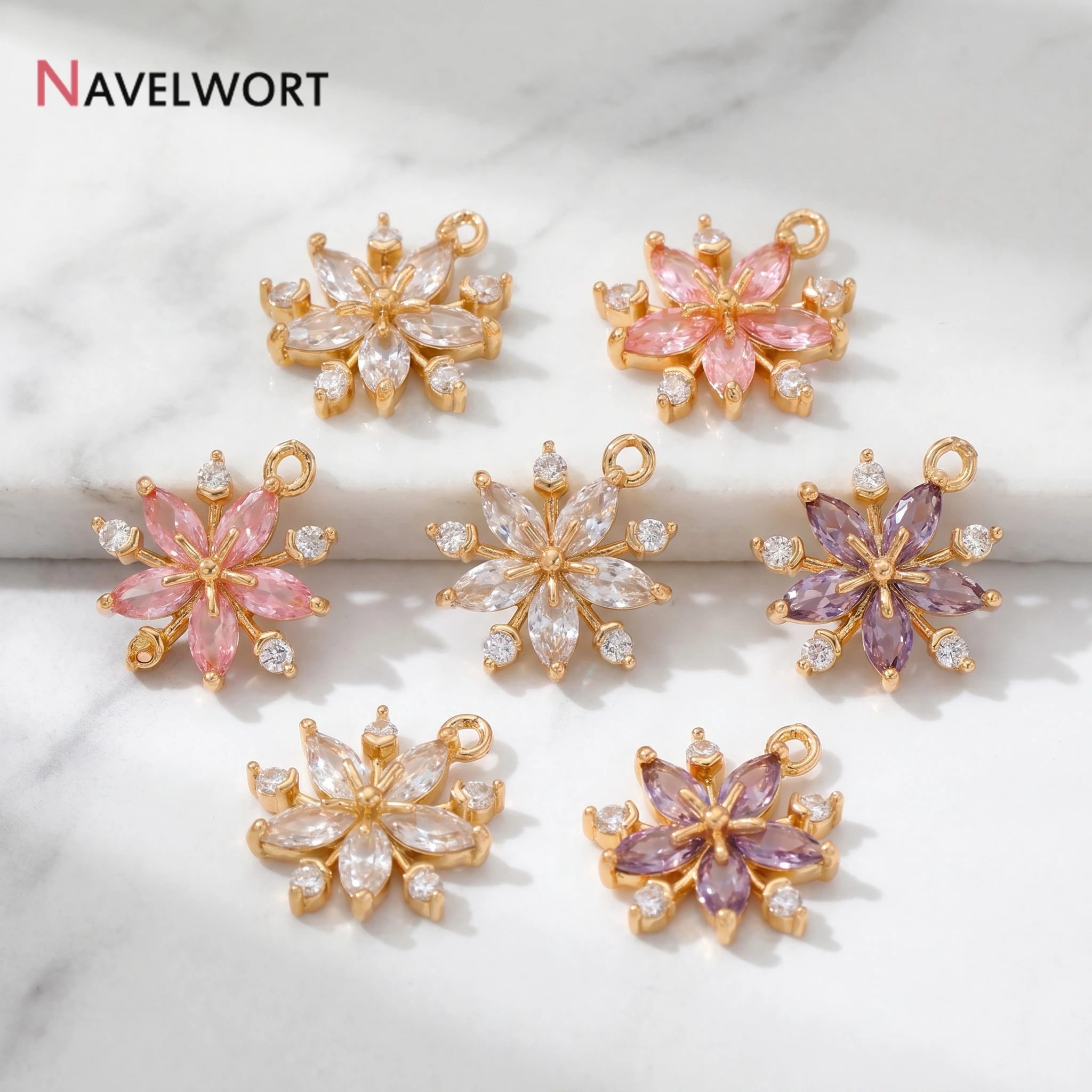 18K Gold Plated Brass Metal Inlaid Zircon Flower Shape Snowflake Charms Pendants Earring Charms,DIY Jewelry Materials