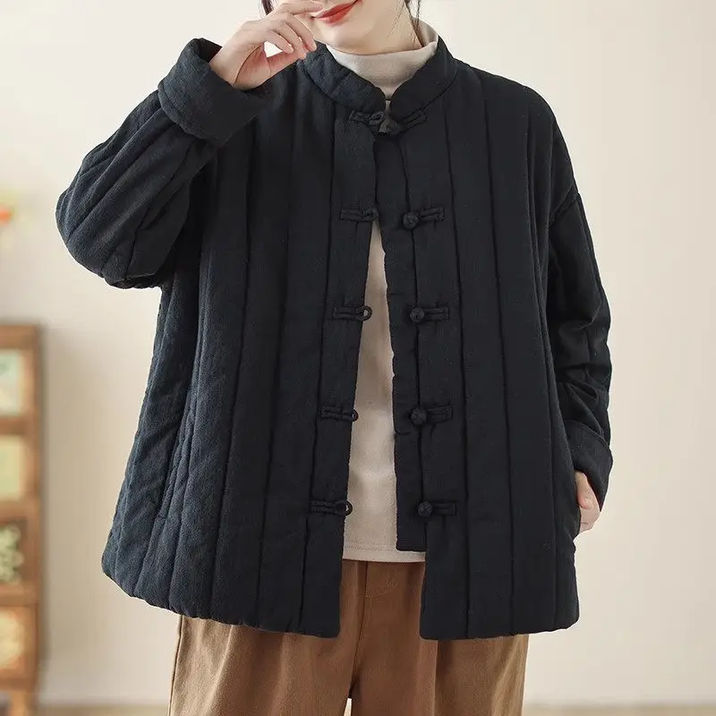 New Chinese Style Cotton Jacket For Women Autumn Winter 2024 Retro Short Zen Thickened Quilted Coat Warm Casual Tops k2711