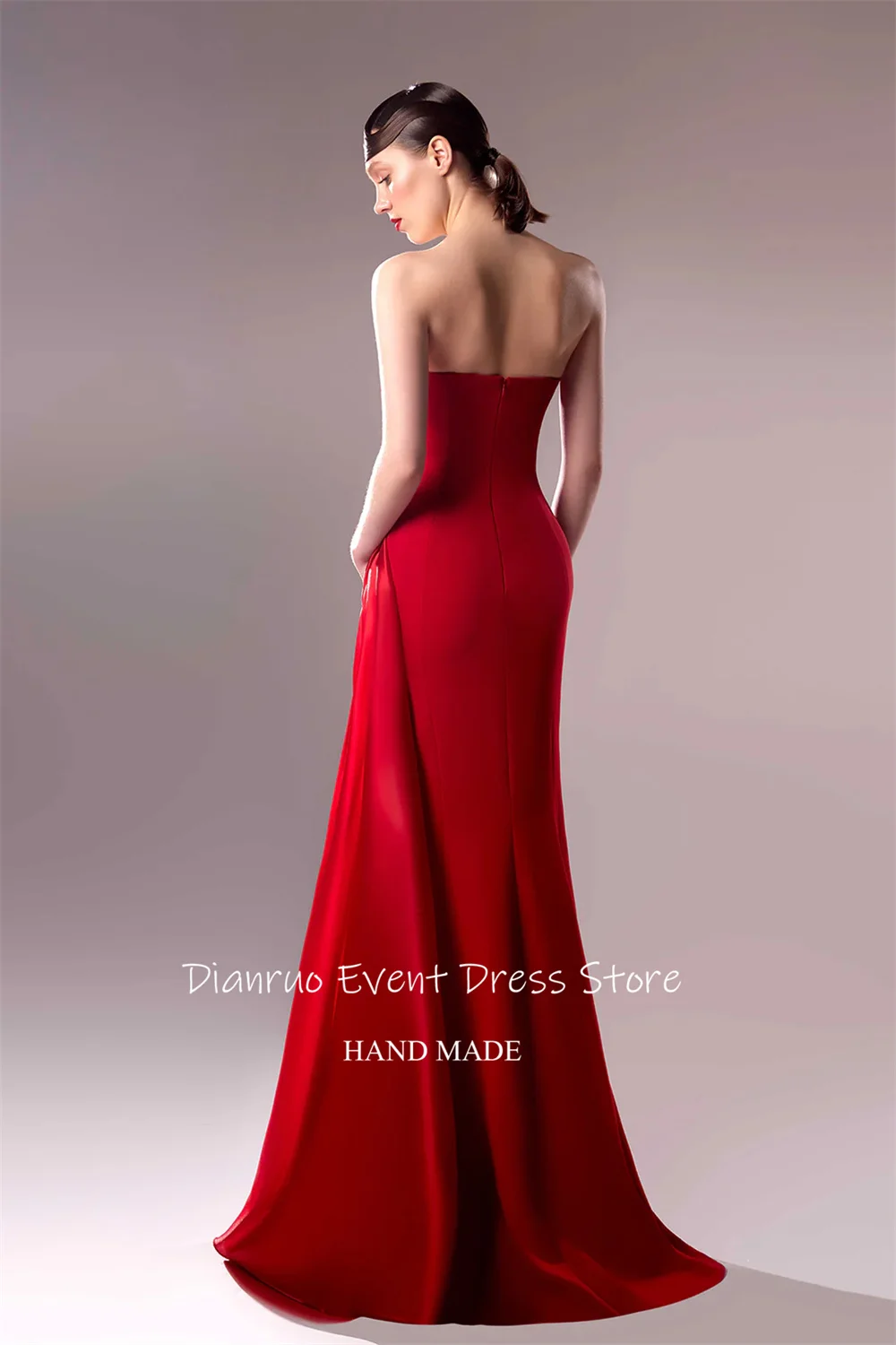 Dianruo Gaun Malam Merah Celah Tinggi Gaun Tamu Putri Duyung Satin Tanpa Tali Jubah Panjang Selantai Punggung Terbuka De Koktail Disesuaikan