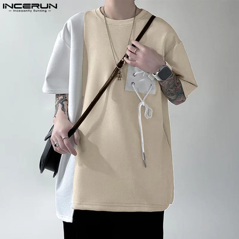 Incerun-redondo-colar camiseta para homens, manga curta, lace-up, casual, estilo coreano, streetwear, moda verão, 2024