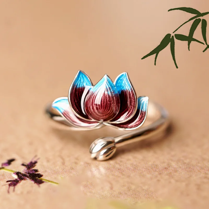 

New Fashion Burnt Blue Cloisonne Lotus 925 Sterling Silver Jewelry Personality Epoxy Two-color Lotus Flower Opening Rings R306