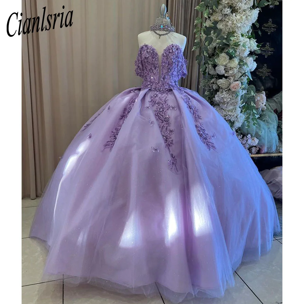 فستان Quinceanera الحلو الأرجواني الفاخر للنساء ، تنورة كروية بزهور ثلاثية الأبعاد ، فستان حفلة موسيقية ، 16 ، 15 فستان ، حفلة مناسبة