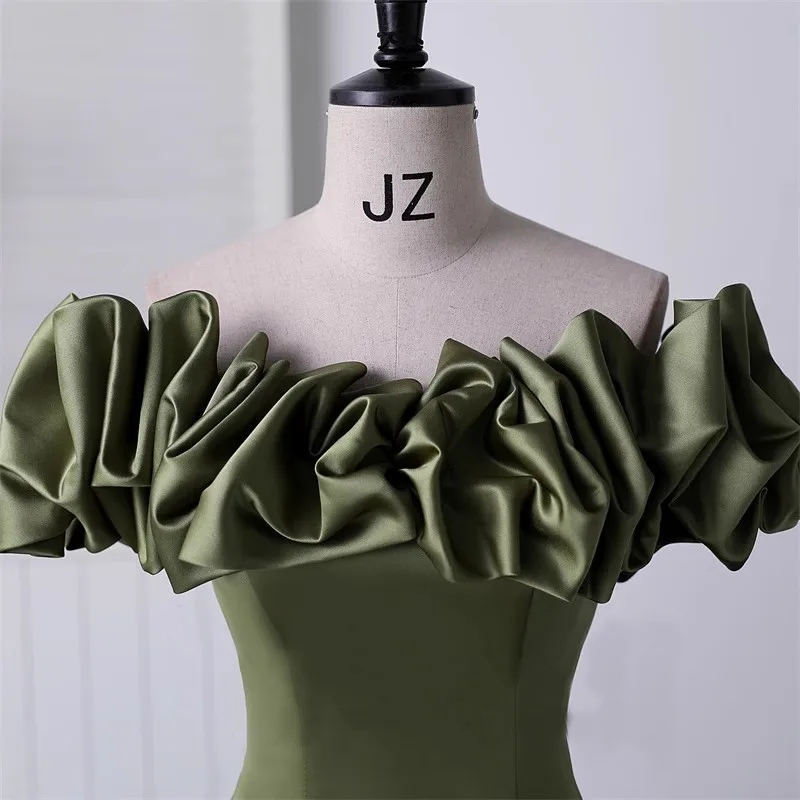 Plus Size Satin Short Sleeves Ruffle Army Green Color Elegant Cocktail Dresses Robe Coktail Femme Longue Ball Gowns