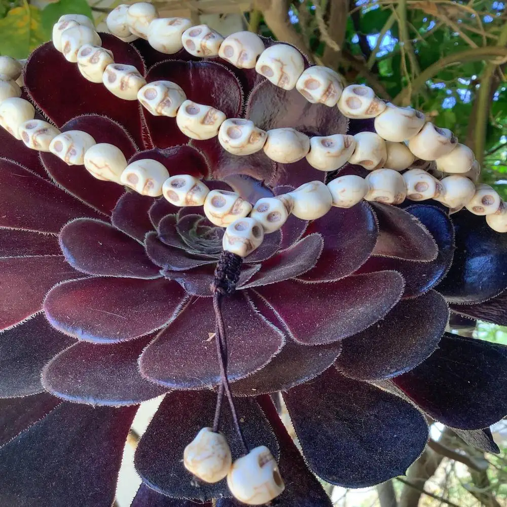 

White Crackle Skull Mala Prayer Beads Wrap Necklace Boho Gothic Energy Jewelry Gift