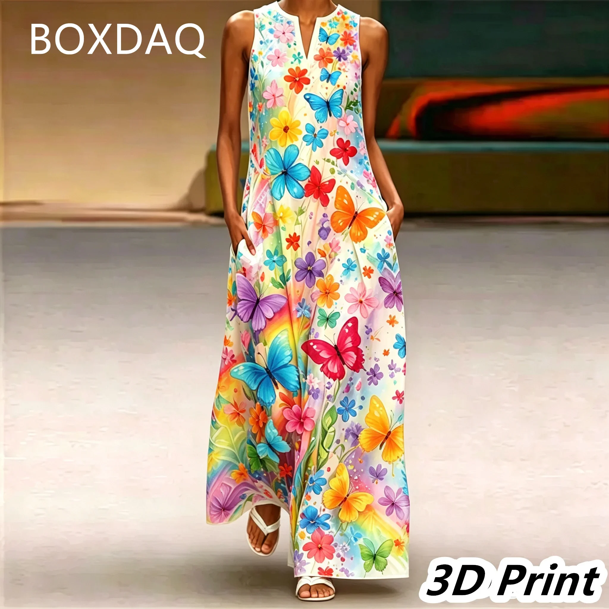 Women Elegant Long Evening Party Dress Robe Summer Sweet butterfly flower Print Loose Long Dress Casual Boho Beach Maxi Dress