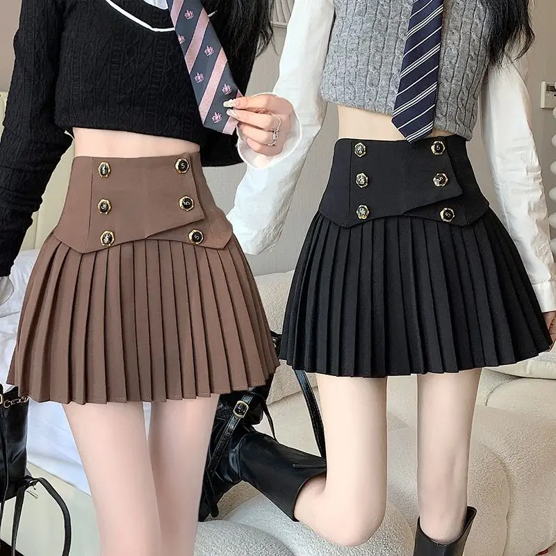 

​​2025 Spring Skirt Women Fake Corset Double Breasted A Line Modest Cut Hip Smoothing High Waist Pleated Short Anti-Slip​​