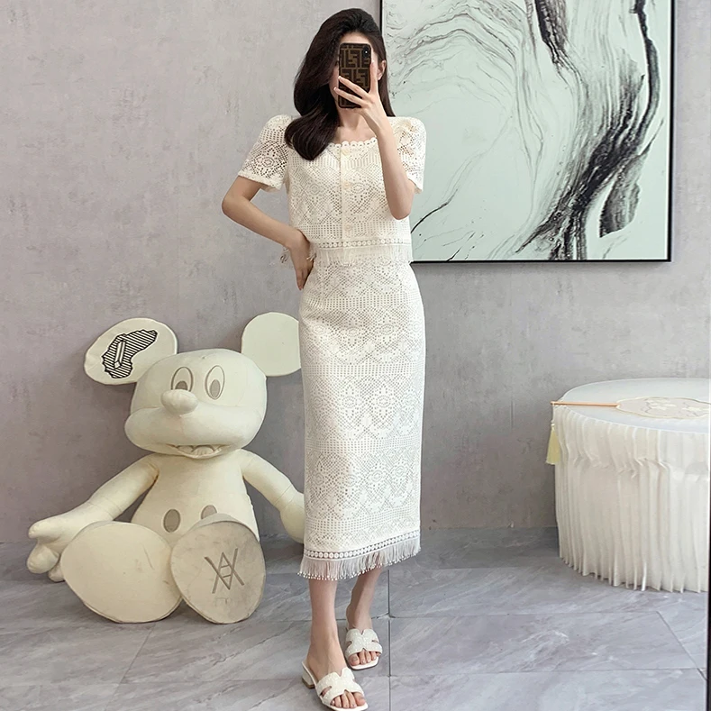 High Quality Floral Embroidery Summer Suit Female Elegant OL Single-Breasted Shirt Mid Skirt Lace 2 Piece Set for Women\'s Outfit