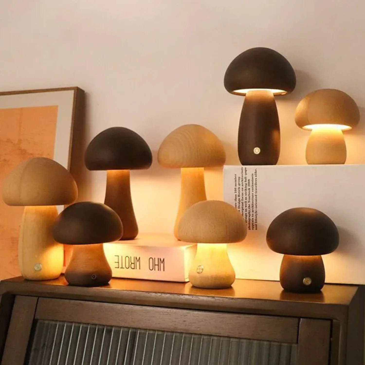 

Cute Mushroom LED Night Light Wooden Bedside Table Lamp with Touch Switch Room Decoration High-level Environmental Mushroom Lamp