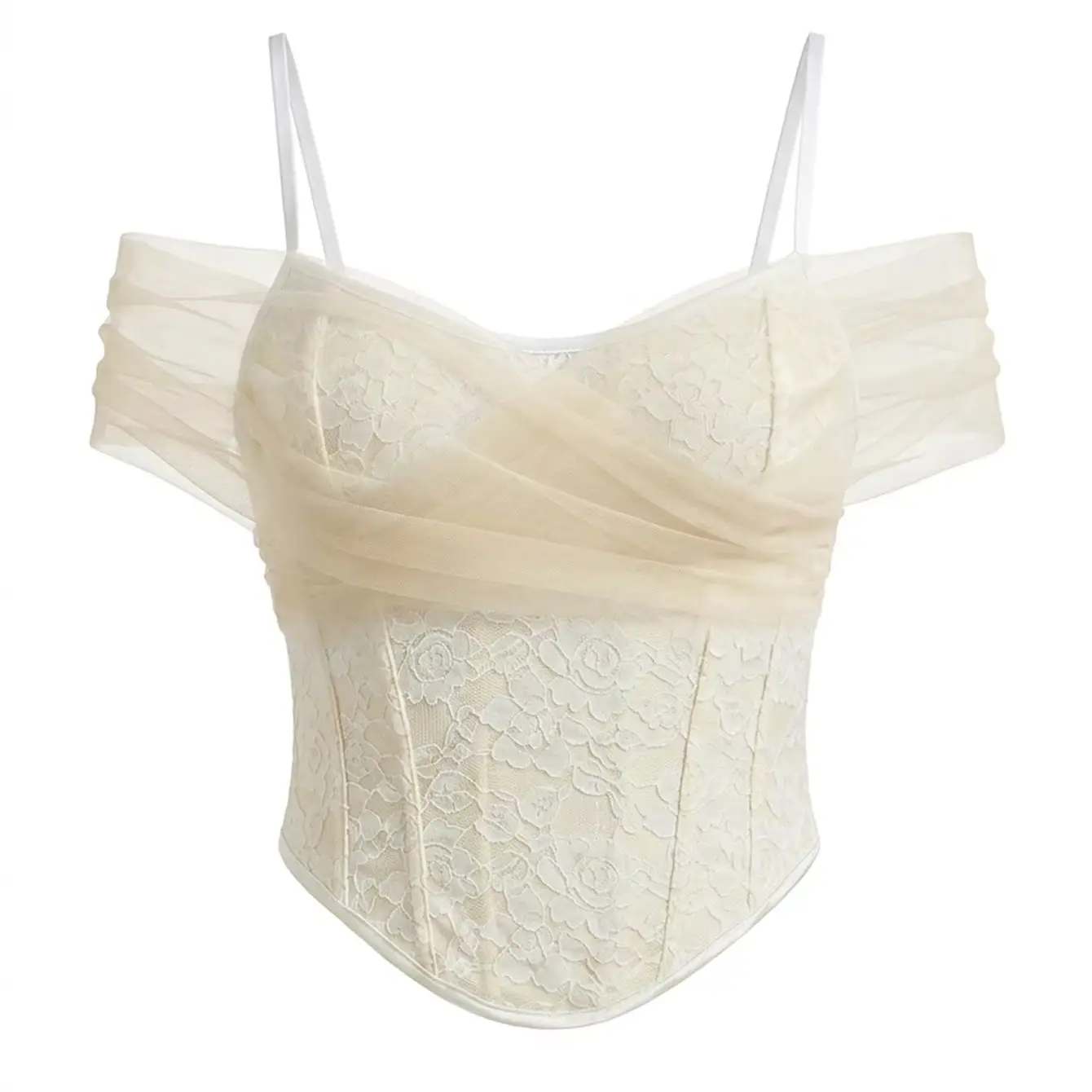 Top corsé de encaje floral color beige para mujer, con diseño de malla y hombros descubiertos, tirantes ajustables, espalda con cordones de satén, estilo vintage para fiestas nupciales.