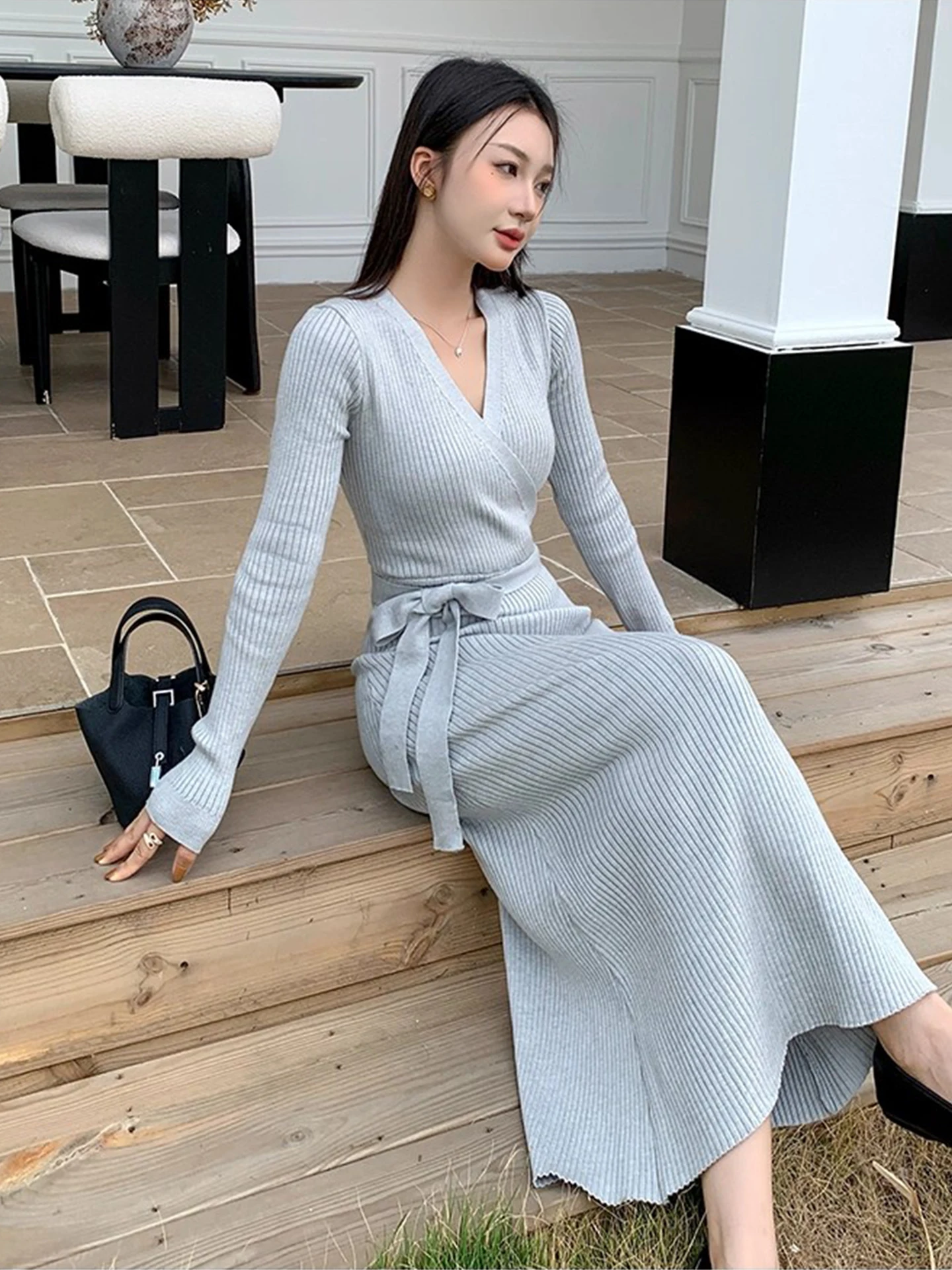 Ele V-Ne Ruched محبوك الدكتور المرأة الخريف الشتاء التخسيس تنورة طويلة التفاف الدكتور مريحة صالح Busin عادية Dr