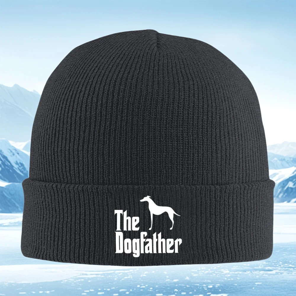 صورة ظلية للكلاب، كلمات "The Dogfather" للرجال والنساء للجنسين قبعة محبوكة قبعة صوفية شتوية حرارية دافئة لعيد الميلاد في الهواء الطلق
