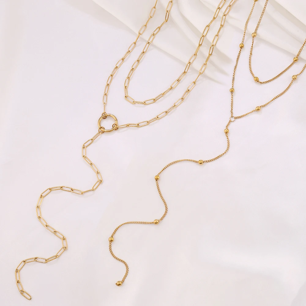 Stainless Steel Double Laryered Beads Chain Necklace for Women Long Y Shaped Necklaces Choker Female Daily Jewelry Gifts