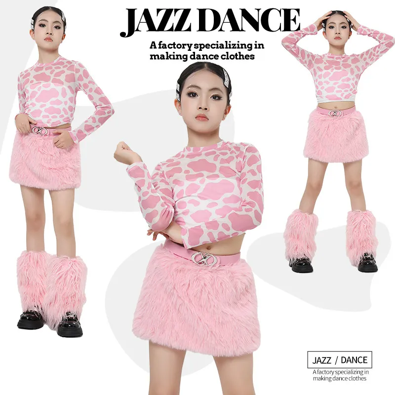 

2026 Children'S Day Modern Hip Hop Dance Costumes For Girls Pink Printed Top Plush Skirts Suit Kids Jazz Dance Clothes DQS22767