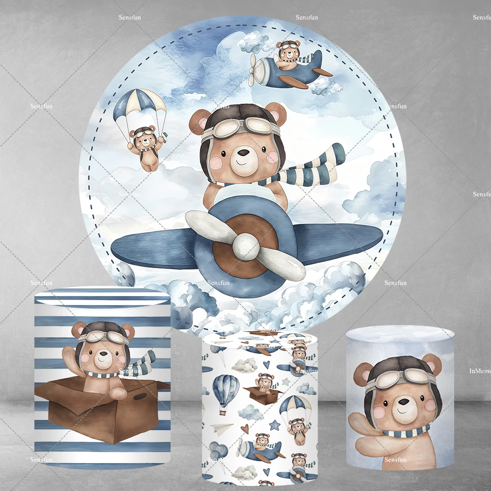 Airplane Bear Pilot Round Backdrop Cover For Boys Baby Shower 1st Birthday Party Decoration Hot Air Balloon Cylinder Covers